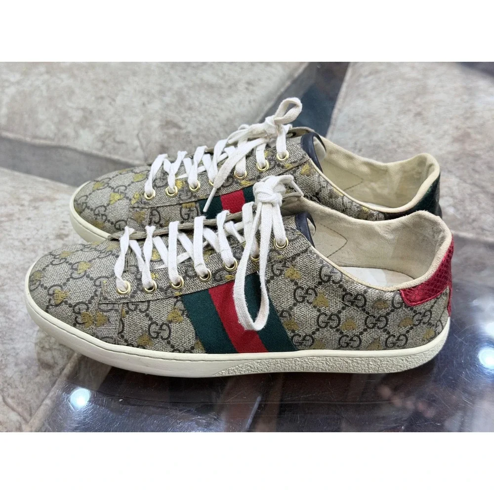 Gucci Ace GG Supreme Bee Sneakers Beige Ebony Monogram Size 41 Low Top Mens